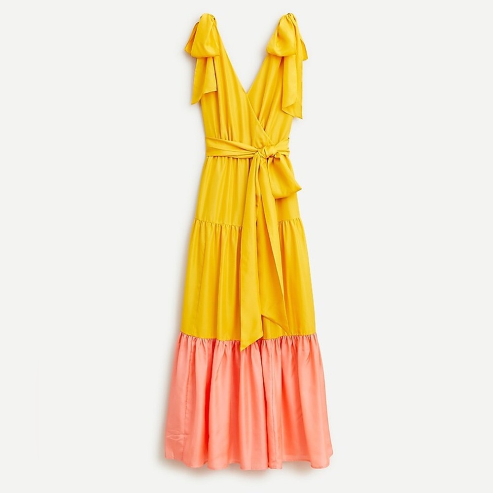 J.Crew Silk Colorblock Maxi Dress Yellow Coral Wrap Tie Waist Ruffle Hem Sz 4